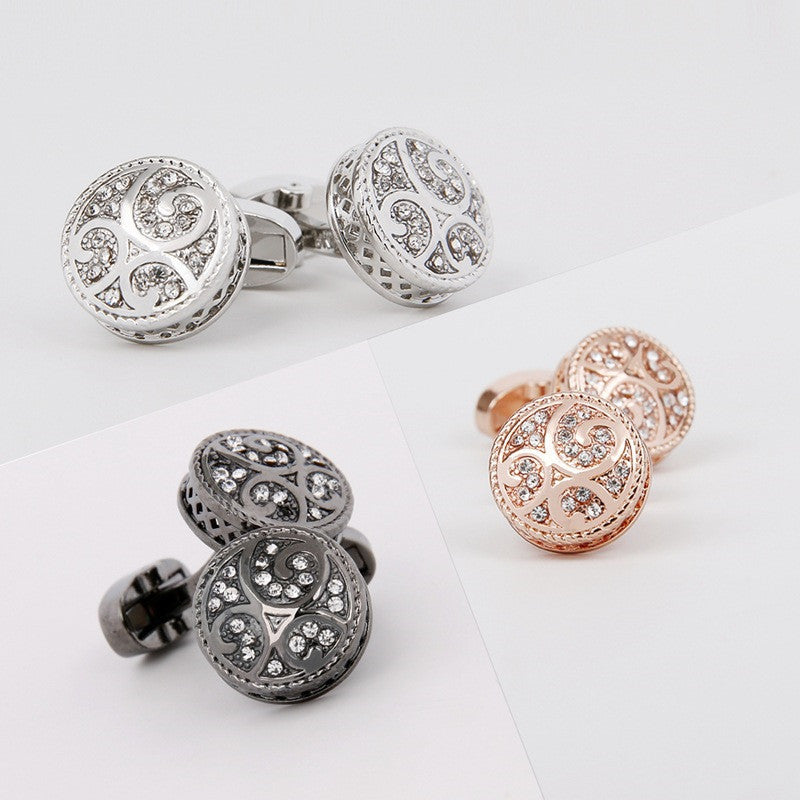 Men's Cufflinks Round Retro Pattern Diamond Metal Cufflinks